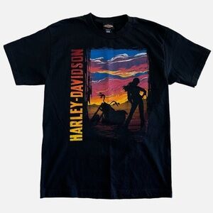 Harley-Davidson Black Tee with Vibrant Sunset Graphic